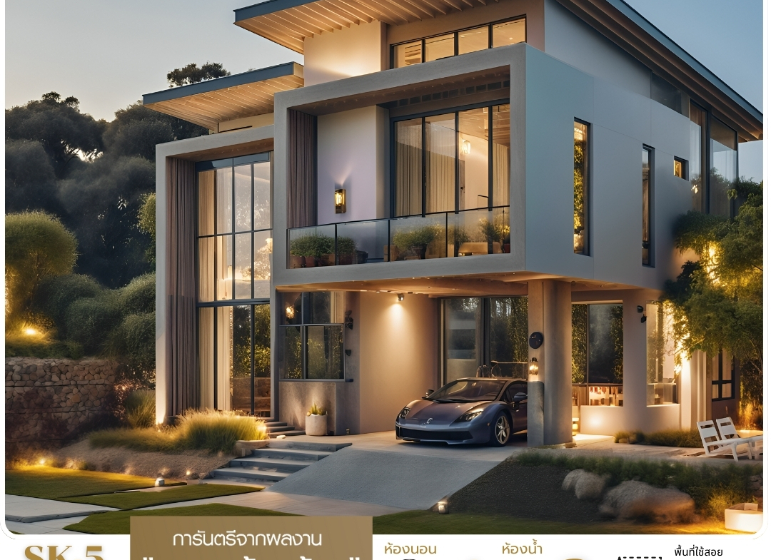 บ้าน SK-5 ออกแบบใน สไตล์โมเดิร์นเอเลแกนซ์ ที่เน้นความสวยงามแบบร่วมสมัย ด้วยเส้นสายที่เรียบง่ายแต่แฝงไปด้วยความหรูหรา ใช้วัสดุคุณภาพสูง เช่น กระจกใส ผนังสีเอิร์ธโทน และไม้ที่เพิ่มความอบอุ่นและสง่างาม การจัดพื้นที่เน้นการผสมผสานระหว่างความโปร่งโล่งและความเป็นส่วนตัว โดยใช้กระจกบานใหญ่เพื่อเพิ่มแสงธรรมชาติและการเชื่อมต่อกับภายนอก พร้อมมีพื้นที่ระเบียงกว้างขวางสำหรับการพักผ่อน