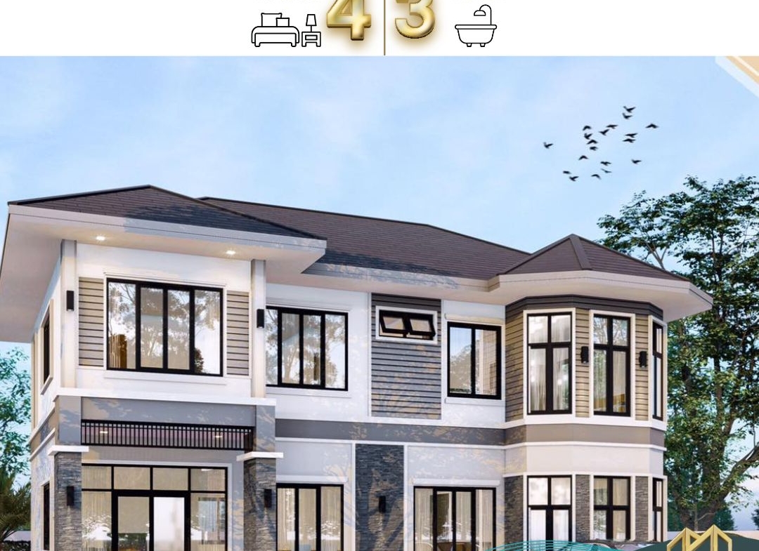 🏠 บ้านพักอาศัย คสล. (โครงสร้างคอนกรีตเสริมเหล็ก) 2 ชั้น บ้านหลังนี้ออกแบบมาใน สไตล์โมเดิร์นคลาสสิก โดดเด่นด้วยโทนสีฟ้าอ่อนตัดกับสีขาวและหินตกแต่ง เพิ่มความหรูหราและอบอุ่น เหมาะสำหรับครอบครัวขนาดกลางถึงใหญ่