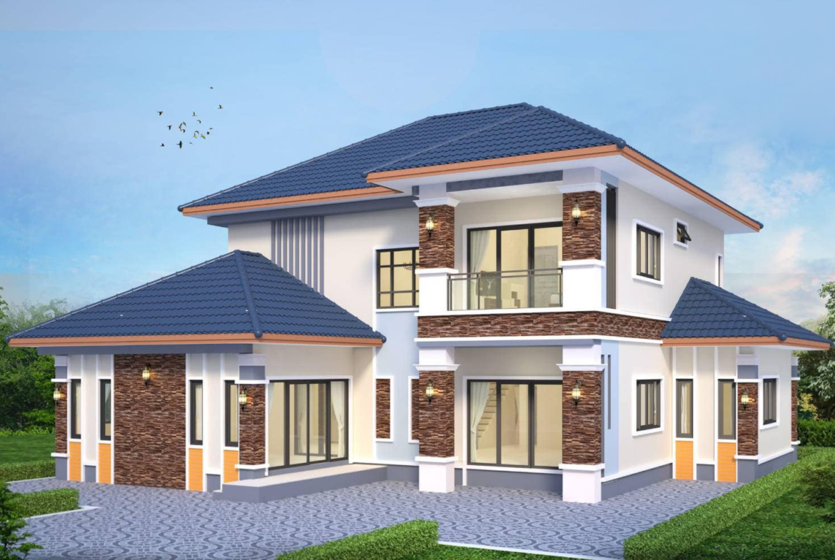แบบบ้านพักอาศัยสไตล์คอนเทมโพรารี่ 2 ชั้น รายละเอียดของบ้าน บ้านสไตล์คอนเทมโพรารี่ 2 ชั้นนี้ ถูกออกแบบเพื่อรองรับความต้องการของครอบครัวที่ต้องการบ้านทันสมัยและฟังก์ชั่นการใช้งานที่ครบครัน โดดเด่นด้วยดีไซน์ที่เรียบง่ายแต่แฝงด้วยความหรูหรา พร้อมการจัดพื้นที่ที่ลงตัว เหมาะสำหรับการอยู่อาศัยที่สะดวกสบายในระยะยาว