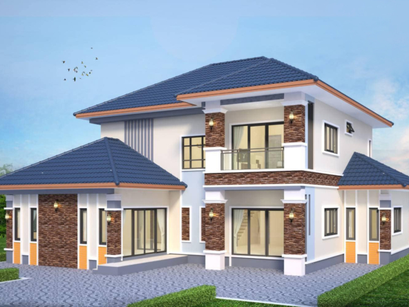 แบบบ้านพักอาศัยสไตล์คอนเทมโพรารี่ 2 ชั้น รายละเอียดของบ้าน บ้านสไตล์คอนเทมโพรารี่ 2 ชั้นนี้ ถูกออกแบบเพื่อรองรับความต้องการของครอบครัวที่ต้องการบ้านทันสมัยและฟังก์ชั่นการใช้งานที่ครบครัน โดดเด่นด้วยดีไซน์ที่เรียบง่ายแต่แฝงด้วยความหรูหรา พร้อมการจัดพื้นที่ที่ลงตัว เหมาะสำหรับการอยู่อาศัยที่สะดวกสบายในระยะยาว