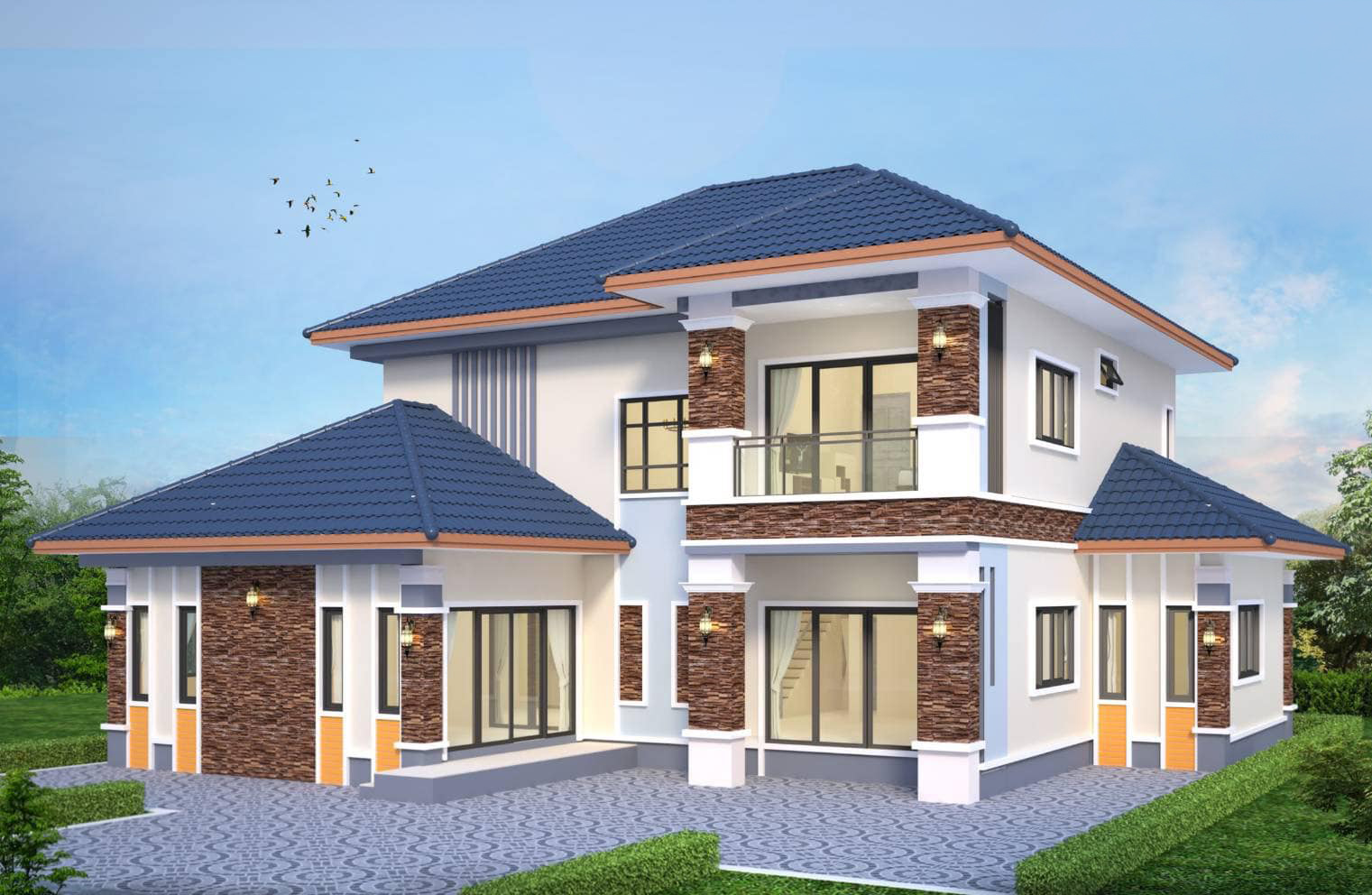 แบบบ้านพักอาศัยสไตล์คอนเทมโพรารี่ 2 ชั้น รายละเอียดของบ้าน บ้านสไตล์คอนเทมโพรารี่ 2 ชั้นนี้ ถูกออกแบบเพื่อรองรับความต้องการของครอบครัวที่ต้องการบ้านทันสมัยและฟังก์ชั่นการใช้งานที่ครบครัน โดดเด่นด้วยดีไซน์ที่เรียบง่ายแต่แฝงด้วยความหรูหรา พร้อมการจัดพื้นที่ที่ลงตัว เหมาะสำหรับการอยู่อาศัยที่สะดวกสบายในระยะยาว