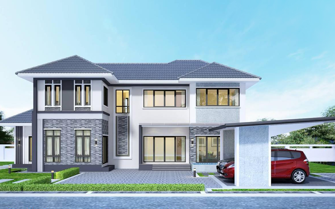 แบบบ้านพักอาศัยสไตล์โมเดิร์น 2 ชั้น รายละเอียดของบ้าน บ้านสไตล์โมเดิร์น 2 ชั้นหลังนี้ถูกออกแบบมาเพื่อรองรับครอบครัวขนาดใหญ่ ด้วยพื้นที่ใช้สอยที่กว้างขวางและการจัดสรรพื้นที่อย่างลงตัว ตัวบ้านเน้นความทันสมัย โดดเด่นด้วยการตกแต่งด้วยกระจกและหิน เพิ่มความหรูหราและความสบายให้กับการอยู่อาศัย