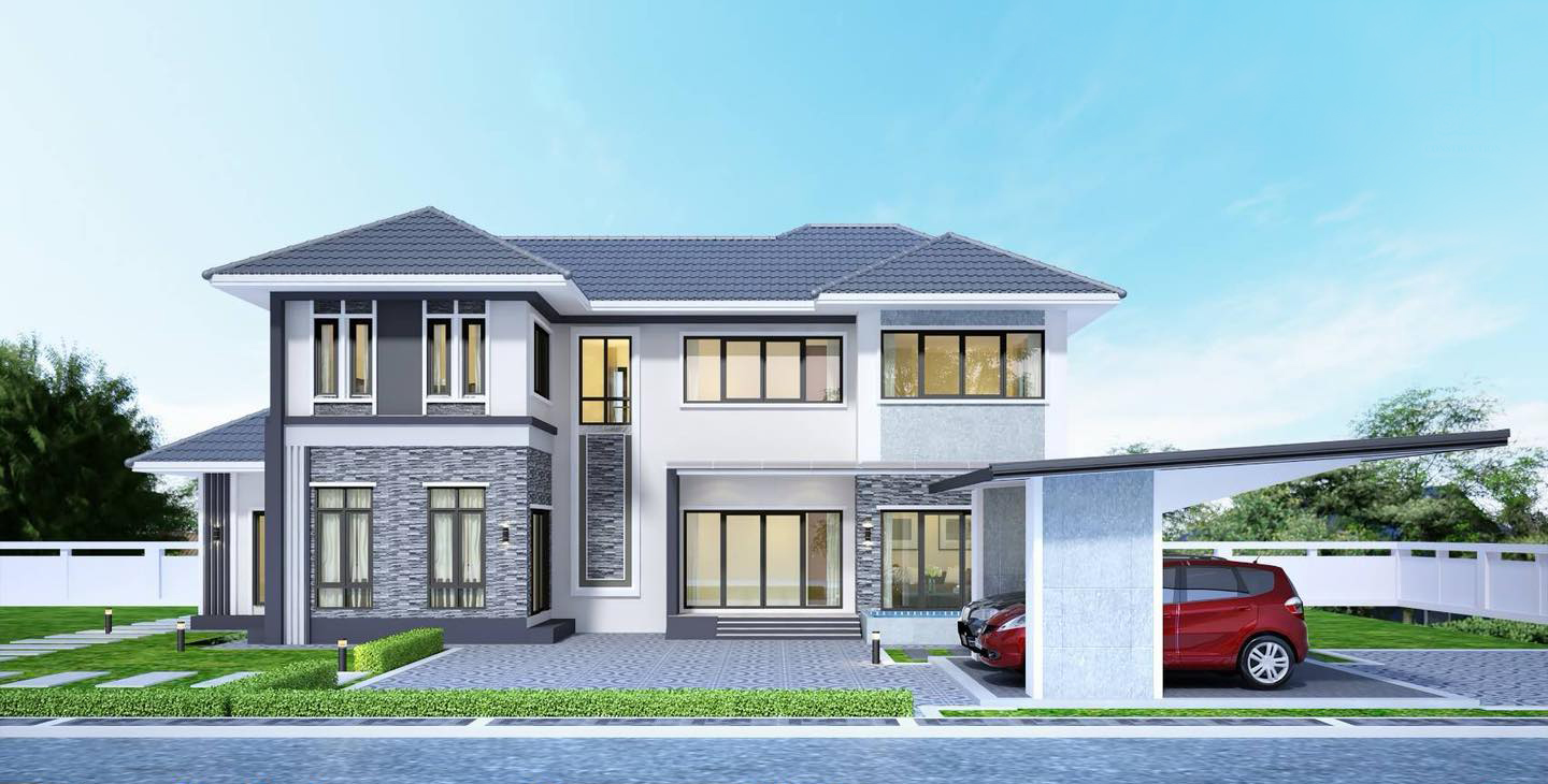 แบบบ้านพักอาศัยสไตล์โมเดิร์น 2 ชั้น รายละเอียดของบ้าน บ้านสไตล์โมเดิร์น 2 ชั้นหลังนี้ถูกออกแบบมาเพื่อรองรับครอบครัวขนาดใหญ่ ด้วยพื้นที่ใช้สอยที่กว้างขวางและการจัดสรรพื้นที่อย่างลงตัว ตัวบ้านเน้นความทันสมัย โดดเด่นด้วยการตกแต่งด้วยกระจกและหิน เพิ่มความหรูหราและความสบายให้กับการอยู่อาศัย